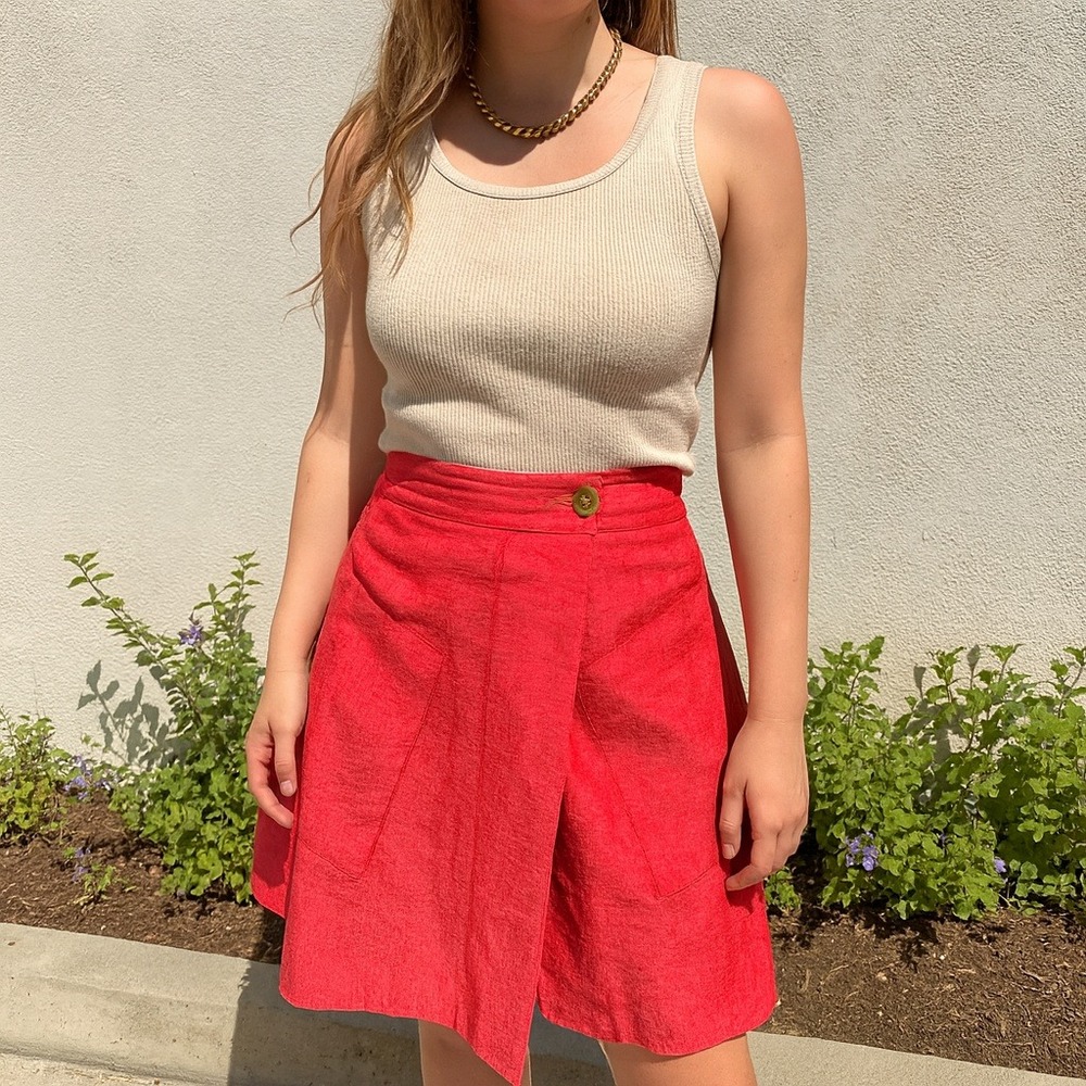 Anthropologie Postmark Skirt Women 2 Silk Linen Red Coral Asymmetrical Vast Wrap